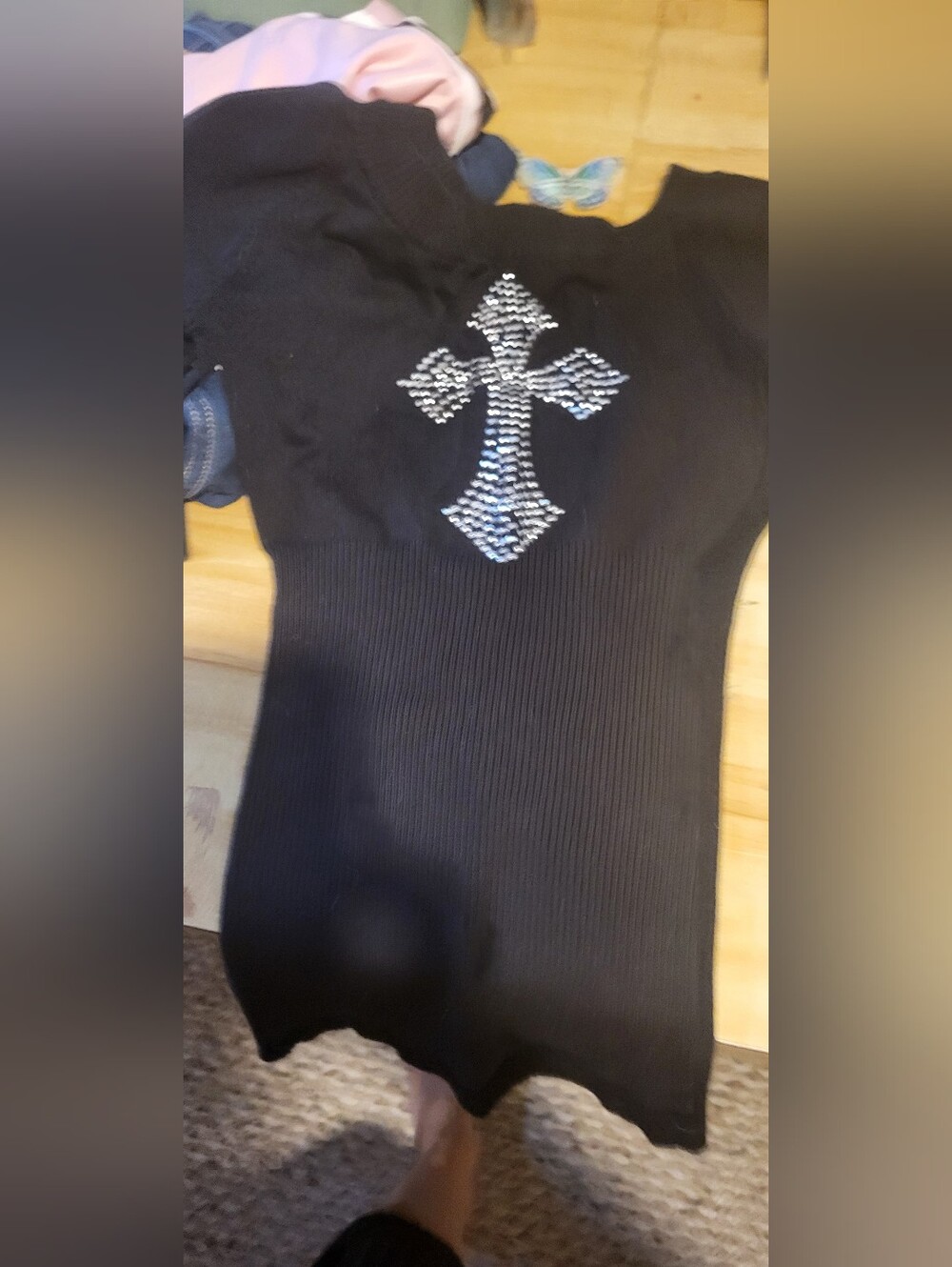Black Ribbed , FITTED, Sweater Top with Rhinestone Cross